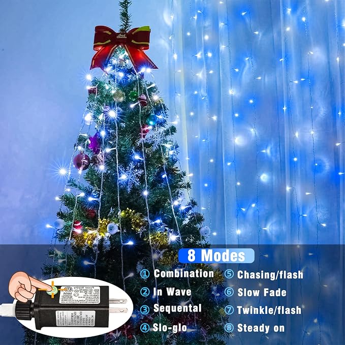 100 LED Christmas Lights Outdoor, 33ft Christmas String Lights for Bedroom 8 Modes Waterproof Plug in Twinkle Fairy Light for Indoor Outside Bedroom Home Party Decoration, Blue&White
