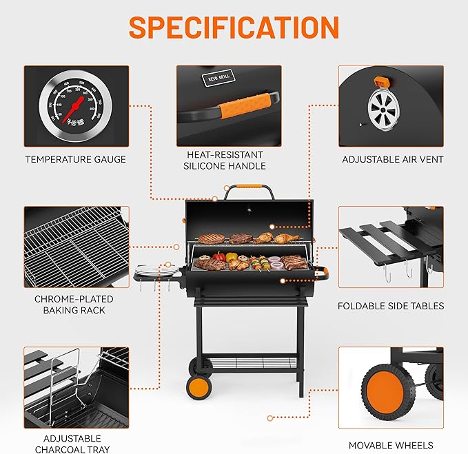KEYO GRILL 29-Inch Barrel Charcoal Grill, Adjustable Vent Heavy-Duty Outdoor Barbecue Grill with Height Adjustable Charcoal Pan,Warming Rack Outdoor BBQ Grill for Backyard, Patio and Parties, Black