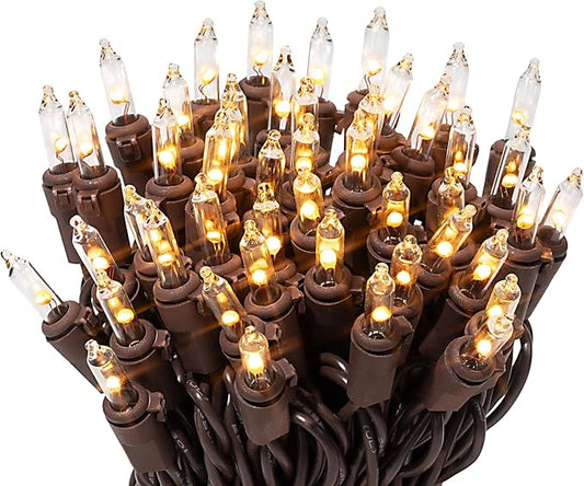 612 Vermont 100 LED Clear Christmas String Lights, Brown Wire Cord | Flicker-Free LED Technology, Warm-White, UL Approved Indoor Outdoor Use, 24.75 Foot Lighted Length, 25.4 Foot Total Length