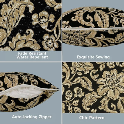 LVTXIII 2 Pack Outdoor Lumbar Pillow Covers 12x20 Inch with Piping, Water-Repellent Back Cushion Covers ONLY for Patio Furniture, Sofa, Garden Bench, Jacobean Black