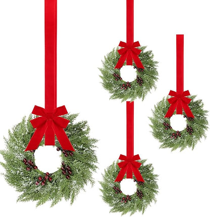 4 Pcs Small Christmas Norfolk Wreaths 15 Inch Christmas Kitchen Cabinet Mini Wreath with Bow Ribbon Cedar Berry for Xmas Front Door Window Chair Fireplace Table Pillar Farmhouse