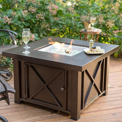 Hiland 38'' Square Propane Fire Pit Table w/Lid, Fireglass Included, Regulator and Hose, 40,000 BTU, Decorative Crossbars, Bronze