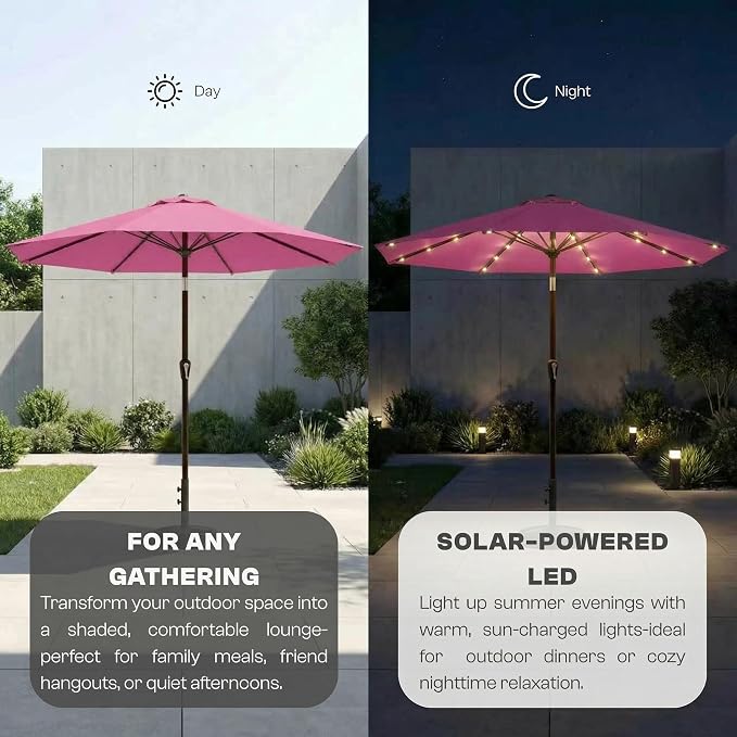 11FT Solar Lighted Patio Umbrella, Outdoor Table Market Umbrellas with Crank Lift, 32 LED Lights, 8 Sturdy Ribs, UV-Resistant for Deck, Garden, Pool