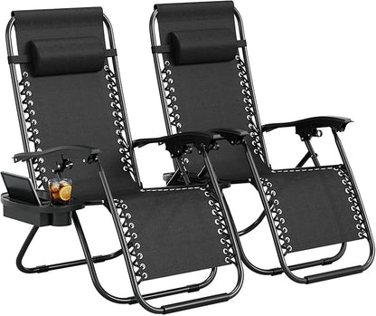 Garvee Zero Gravity Chair Set of 2, Patio Lounge Chair Outdoor with Pillow & Cup Holder Tray, Adjustable Reclining Chair, Folding Portable Camping Chair for Deck, Beach, Yard, Garden - Black