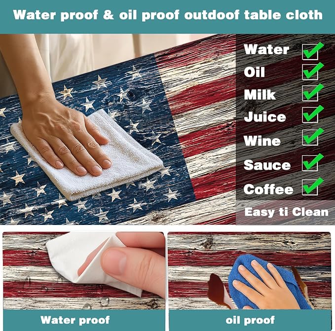 American Flag Picnic Table Cover with Bench Covers and Bag | Elastic Edges Wood Texture Waterproof Camping Tablecloths Fitted Picnic Table Cover for Outdoor, Camping, 3PCS Set 30x60 Inch