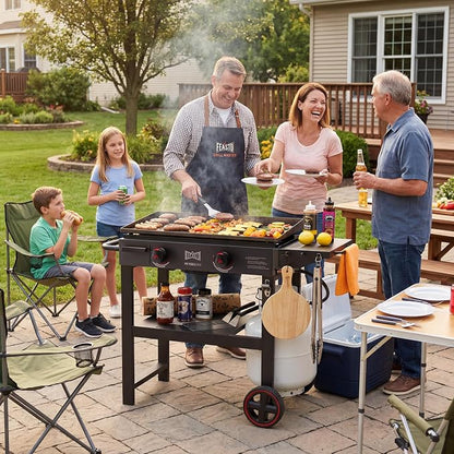 FEASTO 28" 2-Burner Propane Gas Griddle, 30,000 BTU, 458 Sq. In., Black | Outdoor Heavy-Duty Flat Top Grill with Front Grease Cup, Side Table & Wheels for Camping, Tailgating & Backyard