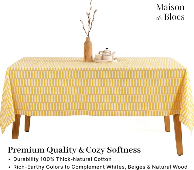 100% Cotton Hand Block Printed, Tablecloth for Kitchen, Dining, Table Cover for Parties, Chritmas, Weddings, Barbecues and Summer picnics Table Cloth (Yellow & Pink, 60" x 90")