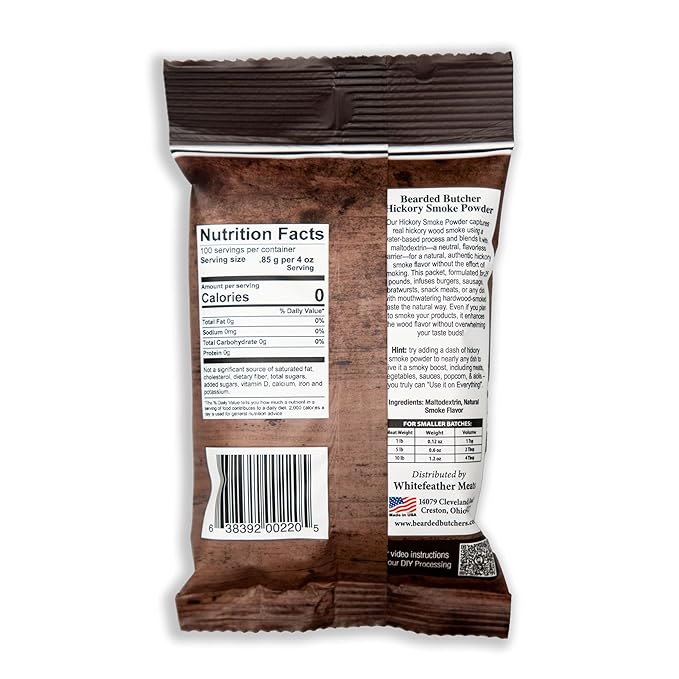 Bearded Butchers Hickory Smoke Flavor Powder, 3 oz - Natural Smoke Flavor, Portioned for Up to 25 lbs of Meat, Perfect for DIY BBQ, Grilling, Smoking, Curing, and More - No Mess, Kitchen-Ready