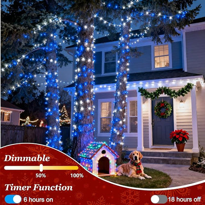 Christmas String Lights Outdoor 470FT 1500 LED Blue & White | Dimmable, 12 Light Styles, Memory Timer, Waterproof, 29V Safe Low Voltage, Diamond-Faceted LED, Energy Efficiency