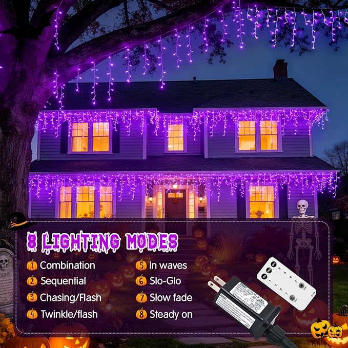 JMEXSUSS 38.8 FT 400 LED Purple Halloween Icicle Lights Outdoor | Waterproof, 8 Modes, Purple Halloween Lights with 80 Drops Plug in for House Christmas Party Decorations