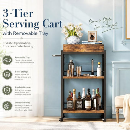 3-Tier Rolling Bar Cart with Removable Tray for Home Kitchen | Rolling Wheels with Handle, 3-Tier Storage, Removable Serving Tray, Sturdy Frame, Multi-Purpose for Kitchen & Bar Use