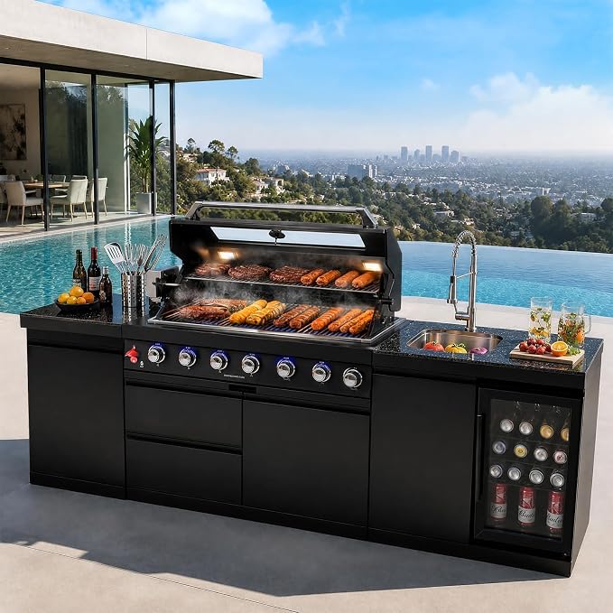 101" 6-Burner Modular Outdoor Kitchen Island, 85,000 BTU Propane Gas Grill | 6 Burners, Rear Infrared, Marble Countertop, Fridge, 360° Pull-Out Faucet, 304 Sink, Dual-Layer Warming Rack, Storage Cabinet