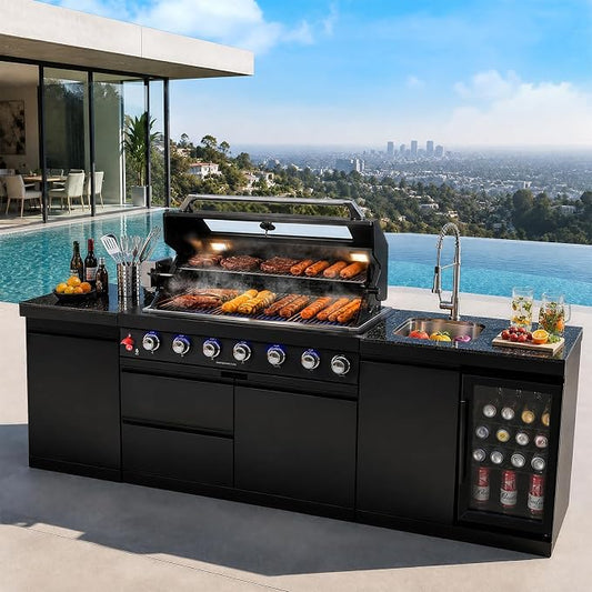 101" 6-Burner Modular Outdoor Kitchen Island, 85,000 BTU Propane Gas Grill | 6 Burners, Rear Infrared, Marble Countertop, Fridge, 360° Pull-Out Faucet, 304 Sink, Dual-Layer Warming Rack, Storage Cabinet