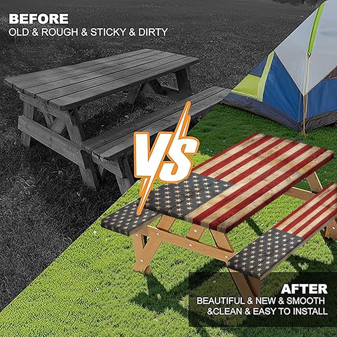 Retro American Flag Picnic Table Cover with Bench Covers Set | Wood Texture Waterproof Elastic Edges Camping Tablecloths Fitted Picnic Table Cover for Outdoor, Camping, 3Pcs 30x96 Inch