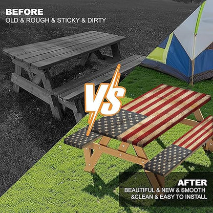Retro American Flag Picnic Table Cover with Bench Covers Set | Wood Texture Waterproof Elastic Edges Camping Tablecloths Fitted Picnic Table Cover for Outdoor, Camping, 3Pcs 30x96 Inch