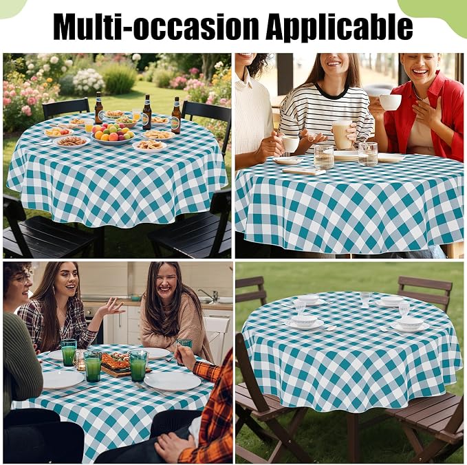 Smiry Picnic Table Cloth, Vinyl Tablecloths with Flannel Backing, 60" Round | Waterproof Picnic Table Cloth, Wipeable Buffalo Plaid Table Cover for Indoor and Outdoor (Turquoise & White)