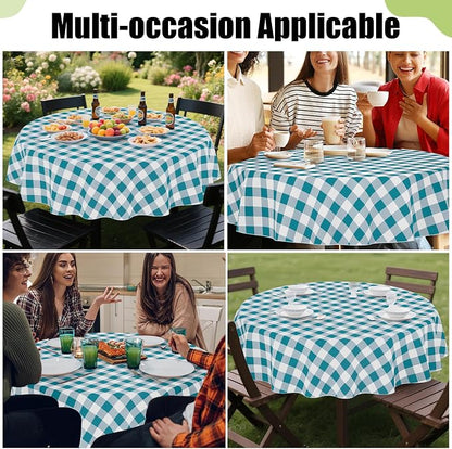 Smiry Picnic Table Cloth, Vinyl Tablecloths with Flannel Backing, 60" Round | Waterproof Picnic Table Cloth, Wipeable Buffalo Plaid Table Cover for Indoor and Outdoor (Turquoise & White)