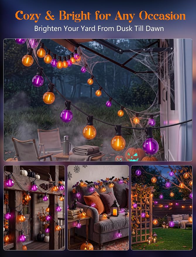 50FT Halloween String Lights Outdoor - G40 Purple and Orange String Lights | 25 Shatterproof LED Bulbs, IP65 Waterproof Dimmable Connectable Globe String Lights for Patio Porch Yard Decor