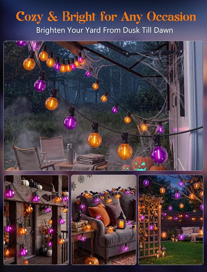 50FT Halloween String Lights Outdoor - G40 Purple and Orange String Lights | 25 Shatterproof LED Bulbs, IP65 Waterproof Dimmable Connectable Globe String Lights for Patio Porch Yard Decor