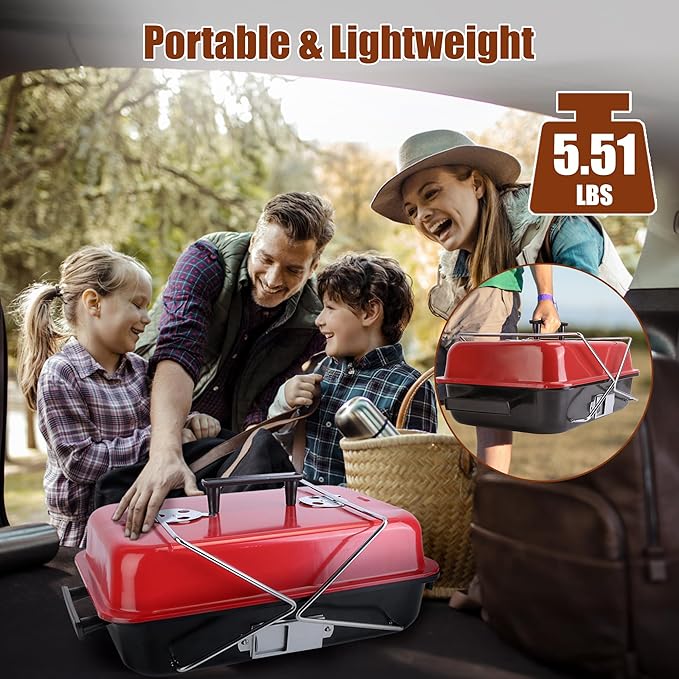 Portable Charcoal Grill, Foldable Tabletop BBQ Smoker, Small Barbecue Grill for Outdoor Cooking Camping Picnics & Travel, Compact & Lightweight, Red