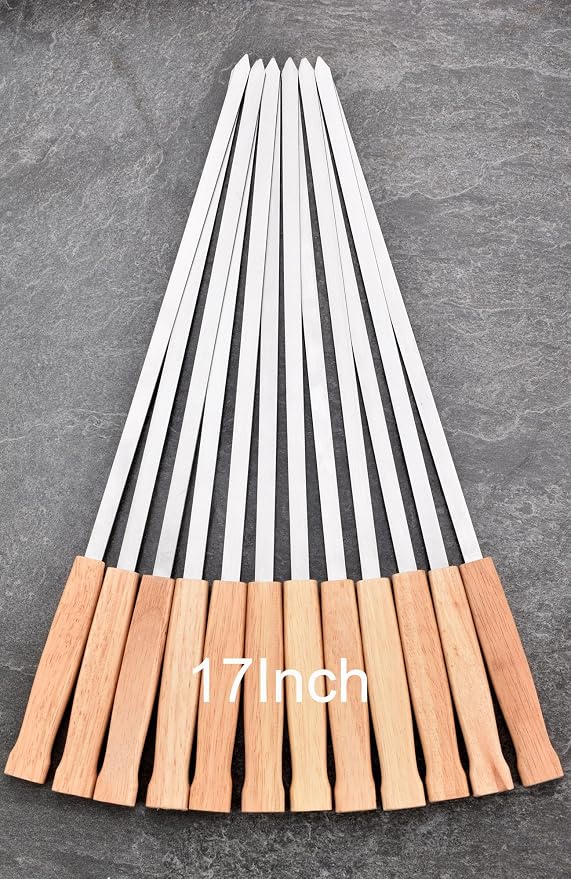 17-Inch 12 Pack Long Flat BBQ Skewers, HONSHEN Brazilian-style Stainless Steel 3/8 Inch Wide Blade with hardwood Handle barbecue skewers for Grilling Meat,Chicken,Shrimp,Vegetables-Set of 12
