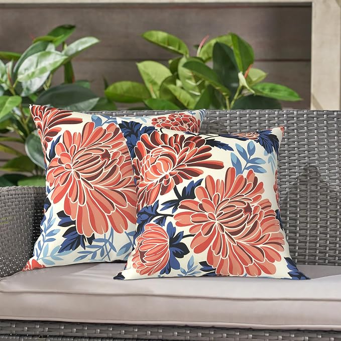 LVTXIII 2 Pack Outdoor Throw Pillow Covers for Patio Furniture, 16x16 Inch Square Pillow Case, Water-Repellent Cushion Covers for Garden, Porch, Sofa, Vibrant Blossom