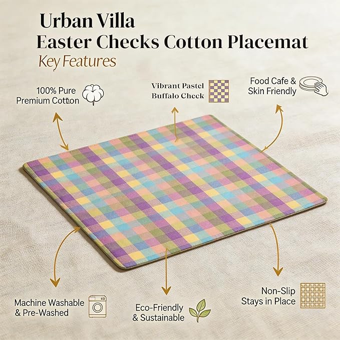 Urban Villa Easter Placemats100% Cotton Fused Table Placemats 14''x 20'' Over Sized Set of 6 Easter Colors Buffalo Check Plaid for Every Day Use Parties Celebrations Heavier Quality