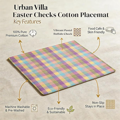 Urban Villa Easter Placemats100% Cotton Fused Table Placemats 14''x 20'' Over Sized Set of 6 Easter Colors Buffalo Check Plaid for Every Day Use Parties Celebrations Heavier Quality