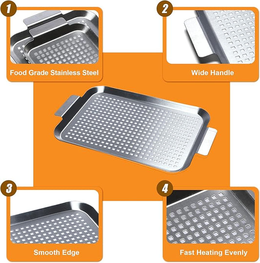 Grill Pan Set of 2, BBQ Grill Topper for Outdoor Grill, Stainless Steel Grilling Baskets with Holes and Handles, Perforated Food Tray Barbecue Accessories for Vegetable, Fish, Middle x 2