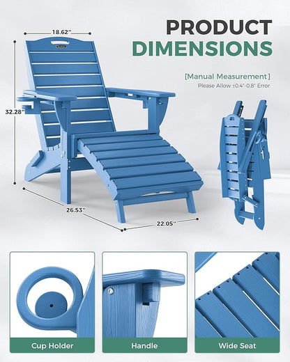 Adjustable Adirondack Chairs Set of 2 with Retractable Ottoman, HDPE Folding Adirondack Chair with Cup Holders, Weather Resistant for Backyard, Poolside & Fire Pit(Navy Blue)