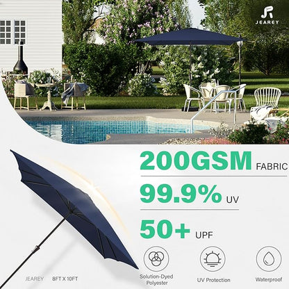 JEAREY 8x10 ft Rectangular Patio Umbrellas Outdoor Table Market Umbrella w/Crank, 8 Sturdy Ribs, UV Protection Windproof Sunproof for Garden, Deck, Backyard, Pool(Navy Blue)