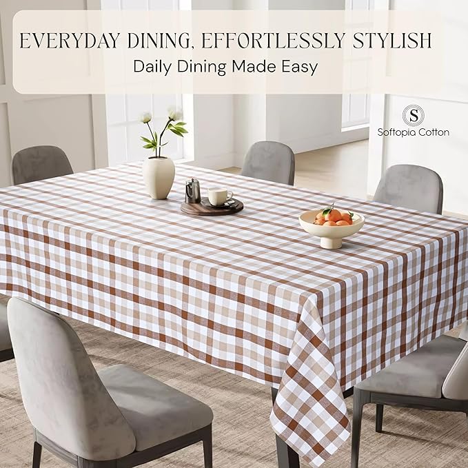 Brown Beige and White Gingham Check Tablecloth, 52x70 Inches, Reusable Farmhouse Table Linen, 100% Cotton, Washable, Plaid Table Cover for Rustic Décor, Weddings, Everyday Dining