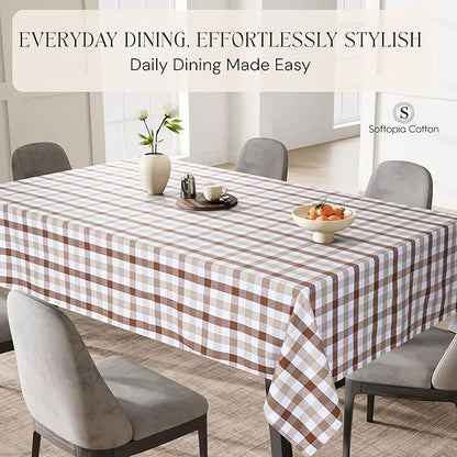 Brown Beige and White Gingham Check Tablecloth, 60x102 Inches, Reusable Farmhouse Table Linen, 100% Cotton, Washable, Plaid Table Cover for Rustic Décor, Weddings, Everyday Dining