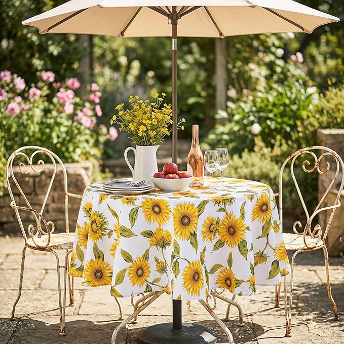 Lamberia 60" Round Patio Tablecloth with Umbrella Hole and Zipper, Waterproof Outdoor Table Cover for Patio, Backyard, BBQ, Picnic & Indoor Dining, Washable Polyester Circular Tablecloth