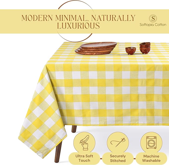 Lemon Yellow and White Buffalo Check Tablecloth, 60x84 Inches, Plaid Dining Table Cover, 100% Cotton, Washable, Reusable Table Linen for Holiday Gatherings, Wedding and Everyday Décor