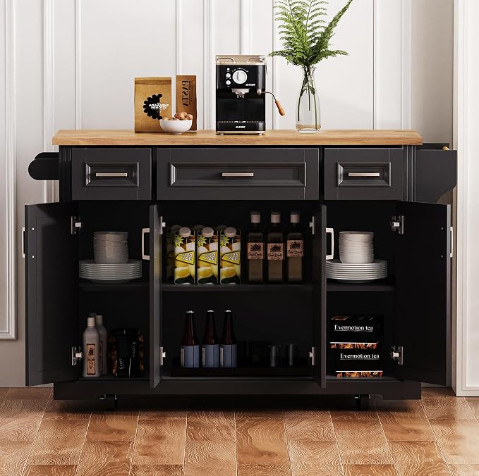 Ball & Cast Large Kitchen Island with Rubber Wood Drop Leaf,Embossed Texture Rolling Kitchen Cart On 4 Wheels W/4 Doors & 3 Drawers,Mobile Kitchen Islands W/ Storage for Kitchen,Dining Room,Black,54"