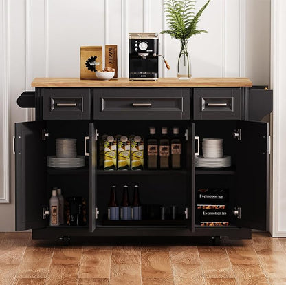 Ball & Cast Large Kitchen Island with Rubber Wood Drop Leaf,Embossed Texture Rolling Kitchen Cart On 4 Wheels W/4 Doors & 3 Drawers,Mobile Kitchen Islands W/ Storage for Kitchen,Dining Room,Black,54"