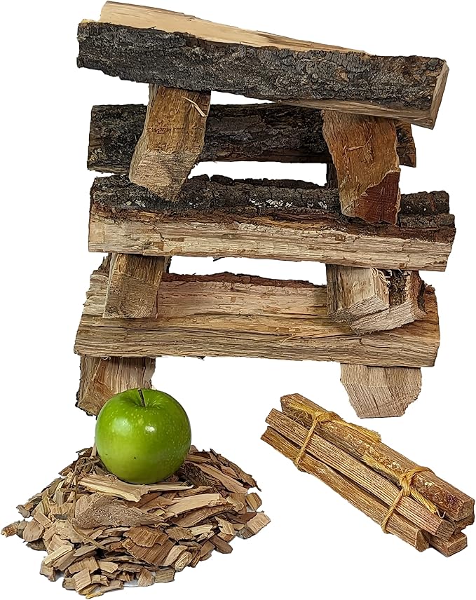Billy Buckskin 18 LB Applewood Cooking Firewood – Includes 1lb 100% Natural Apple Wood Chips & Fatwood Starter Sticks for Fire Pit, Campfire, Fireplace, Wood Stoves and Outdoor Grilling