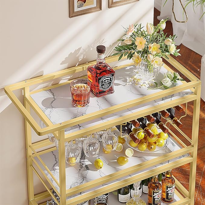 Leteuke Bar Cart for Home, 3 Tier Gold Serving Rolling Carts with Wheels | Drink Cart, Liquor Stand with Marbled Wooden Shelves, Wine Rack and Glass Holder for Kitchen, Dining Room