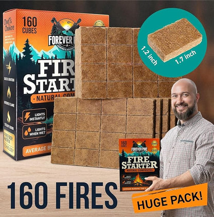 Fire Starter Cubes, 160 pcs - Value Pack - Firestarter Squares for Fireplace, Fire Pit, Wood Stove, BBQ, Charcoal, Pellets, Logs, Sticks Ignition - Natural, Odorless & Waterproof, Indoor & Outdoor