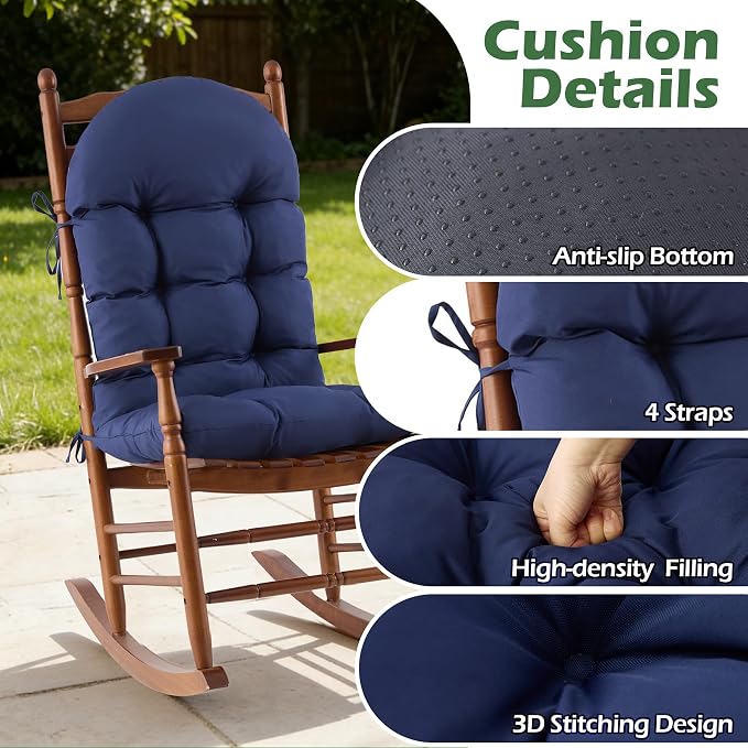 Rocking Chair Cushions, Indoor/Outdoor Adirondack Chair Cushion, Waterproof and Fade-Resistant Rocking Chairs Pads, Non-Slip Tufted High Back Patio Chairs Cushion with Ties, 44x19x4 Inch, Navy Blue