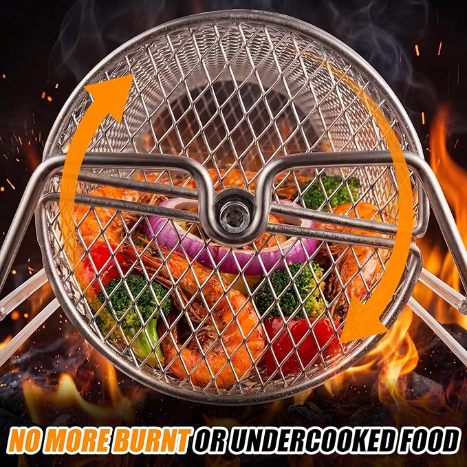Gisafai Gifts for Dad Husband 2 Set Rolling Grill Baskets, 304 Stainless Steel, Removable Wooden Handle, Nesting Grilling Net BBQ Accessories Tools for Outdoor Camping Gifts