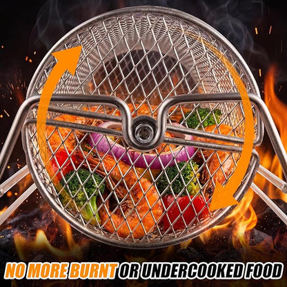 Gisafai Gifts for Dad Husband 2 Set Rolling Grill Baskets, 304 Stainless Steel, Removable Wooden Handle, Nesting Grilling Net BBQ Accessories Tools for Outdoor Camping Gifts