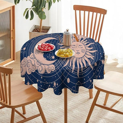 Moon Sun Round Tablecloth Vintage Boho Celestial Star Magical Galaxy Space Table Cloth Water Resistant Wipeable Table Cover for Farmhouse Picnic Party Holiday Kitchen Dinner Table 50"