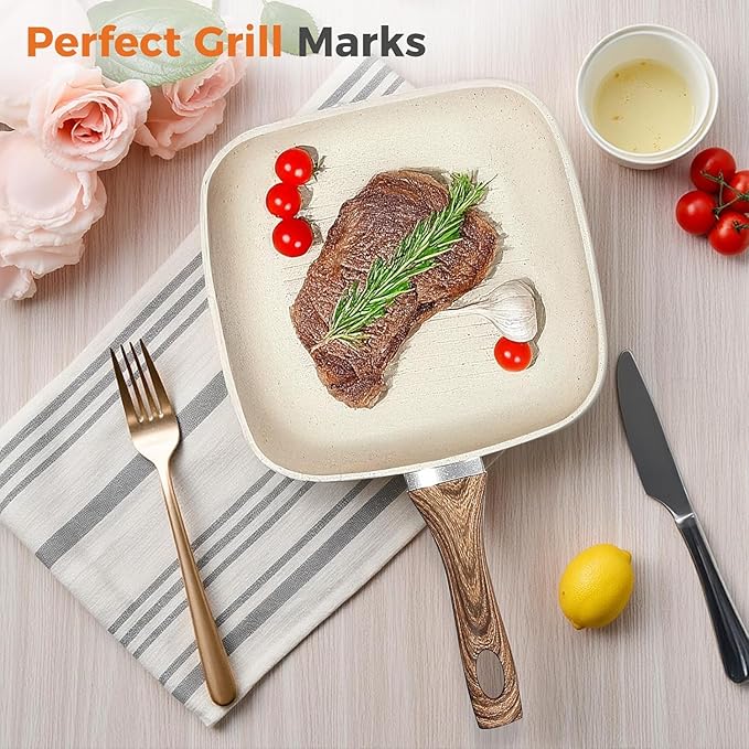 3-Piece Nonstick Grill Pan Set, Square Griddle Pans with Wooden Handle, Compatible with All Stovetops, Ideal for Steak, BBQ & Vegetables, 9.5", 10.2", 11", White