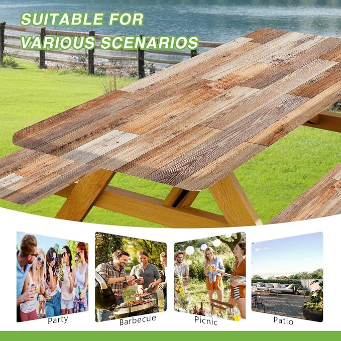 JAWO Rustic Farmhouse Country Wood Plank Picnic Table Cover with Bench Covers, Camper RV Essentials Gear Supplies Outdoor Waterproof Windproof Tablecloth with Elastic, 30X72in