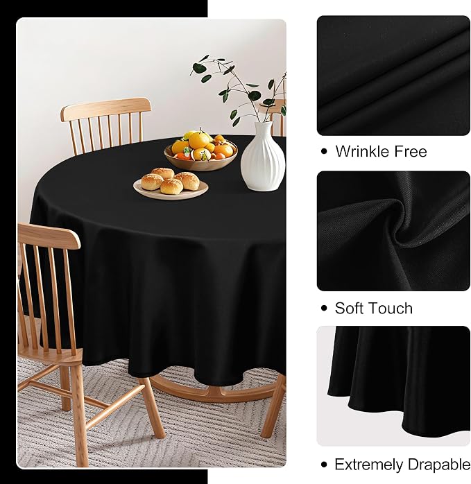 DWCN Round Tablecloth 90 Inch - Waterproof & Stain Resistant Spillproof Washable Polyester Fabric for Dining Room Kitchen, Dining, Party, Weddings and Restaurants, Black