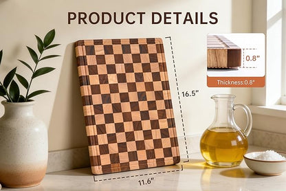 Checkered Cutting Boards for Kitchen, Wooden Chopping Board with Juice Grooves & Handles, Acacia Decorative Cutting Board Butcher Block Serving Tray with Gift Box, 16.5" x 11.6" x 0.8"