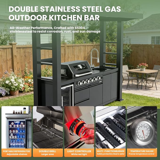 Stainless Steel Outdoor Kitchen Island 110" with 4-Burner 72000 BTU,Propane Grill with Side Burner,Rotisserie Oven,Galvanized Steel Roof,Granite Countertops,Refrigerator,Storage,Sink.(Propane Gas)