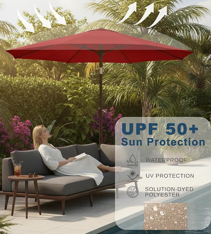 9FT Auto-Tilt Patio Umbrella|Outdoor Market Table Umbrella with 8 Fiberglass Ribs for Pool,Deck&Backyard
